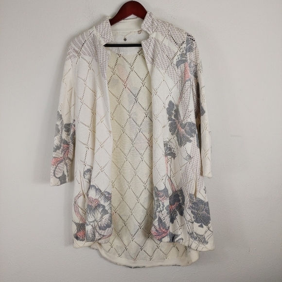 Anthropologie Knitted & Knotted Cream Floral Open Front Cardigan Sweater Size XS - Picture 2 of 11